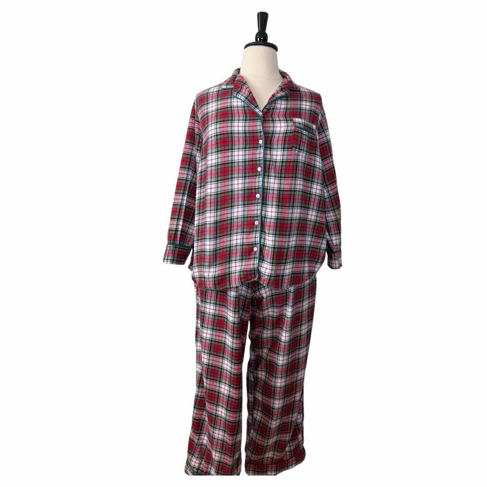 Liz Claiborne Cotton Pajama Set Button Down Top Red Green Plaid Women’s Size 2X
